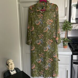 🎉C Wonder Green with Floral Print Button Down Gauzy Duster/Cover-up Dress…